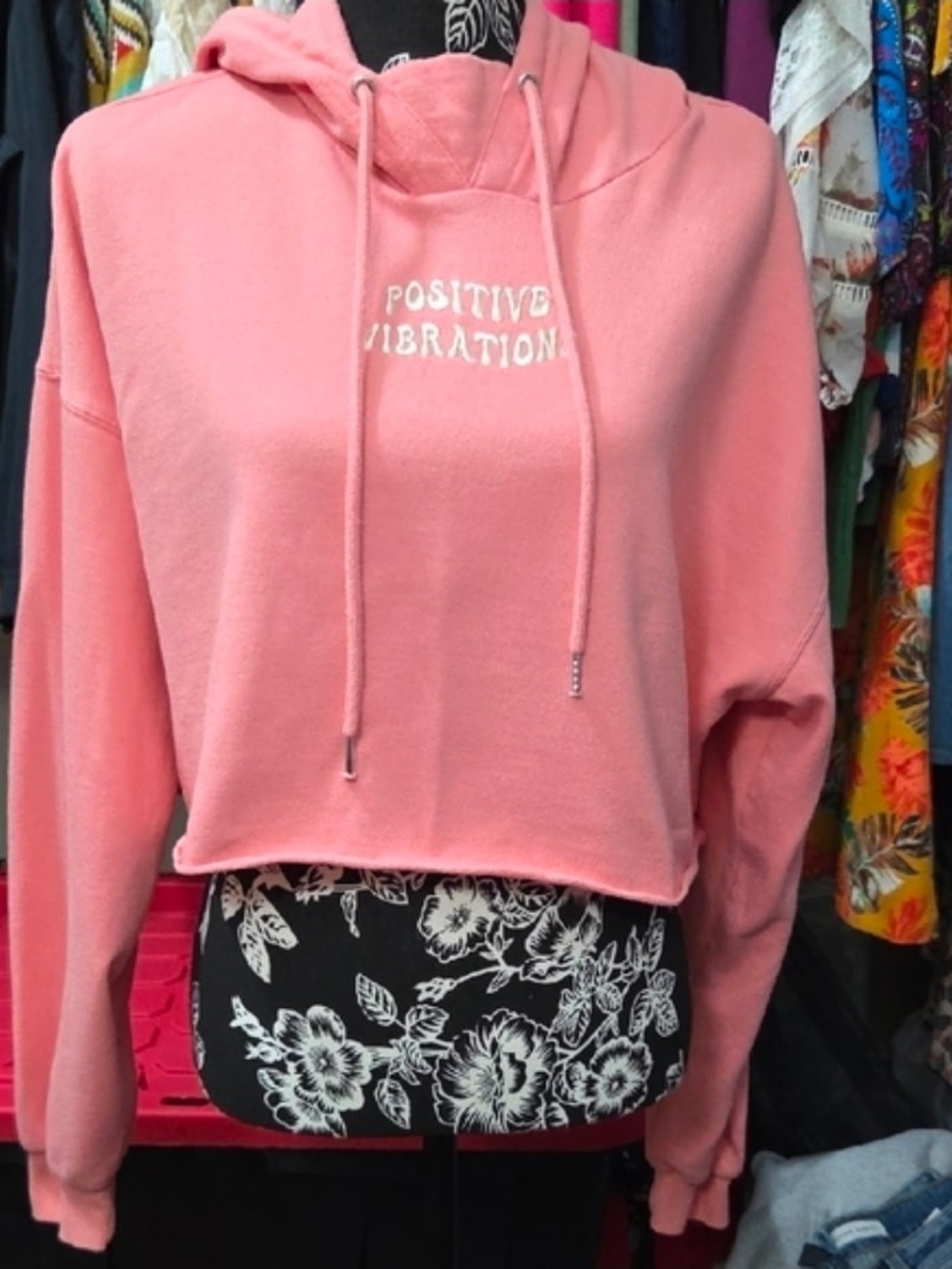 flirtitude Pink Cropped Hoodie with "Positive Vibration" Embroidery